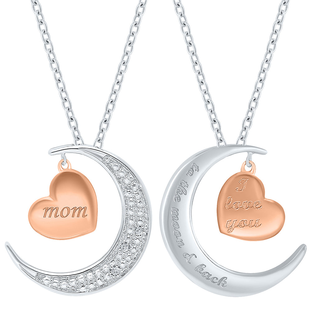 This sterling silver and rose-plated pendant celebrates an unbreakable bond between mother and child. One side sparkles with diamond accents totaling 0.009 carat, while the reverse is engraved with the heartfelt message to the moon &amp; back. A rose-toned heart engraved with “Mom” adds a warm, personal touch to this keepsake.