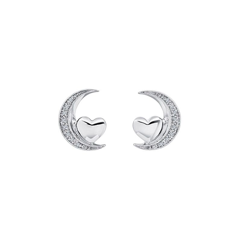 Diamond Heart Nestled in Crescent Moon Earrings