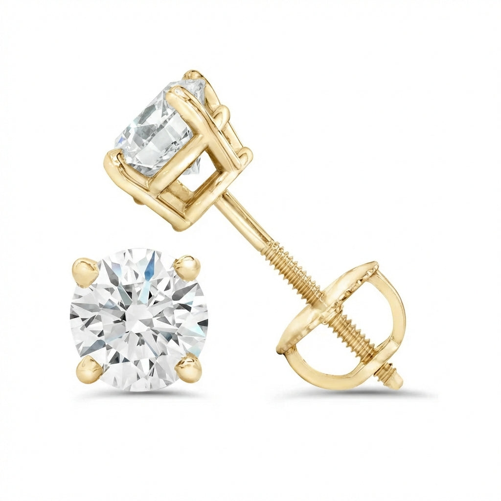 Brilliant round diamonds are secured in a timeless four-prong setting, crafted in 14K gold to highlight their natural brilliance. Designed with screw-back posts for added comfort and security, these studs bring effortless elegance that transitions seamlessly from day to night.