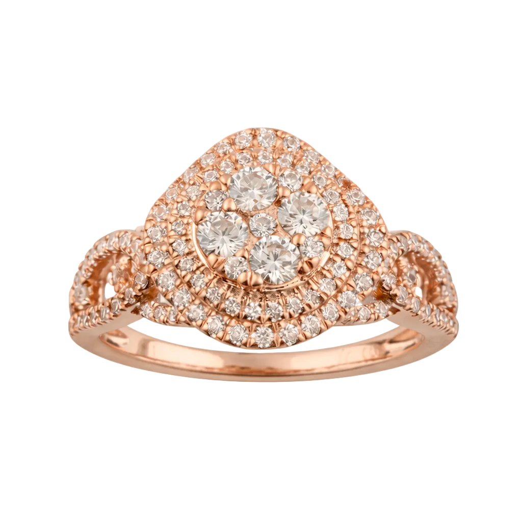 A luminous cluster of round diamonds forms a radiant center, framed by a double halo that amplifies brilliance from every angle. Crafted in 14K rose gold, the diamond-lined shoulders add warmth and dimension, creating a bold yet romantic design that shines with unmistakable presence.