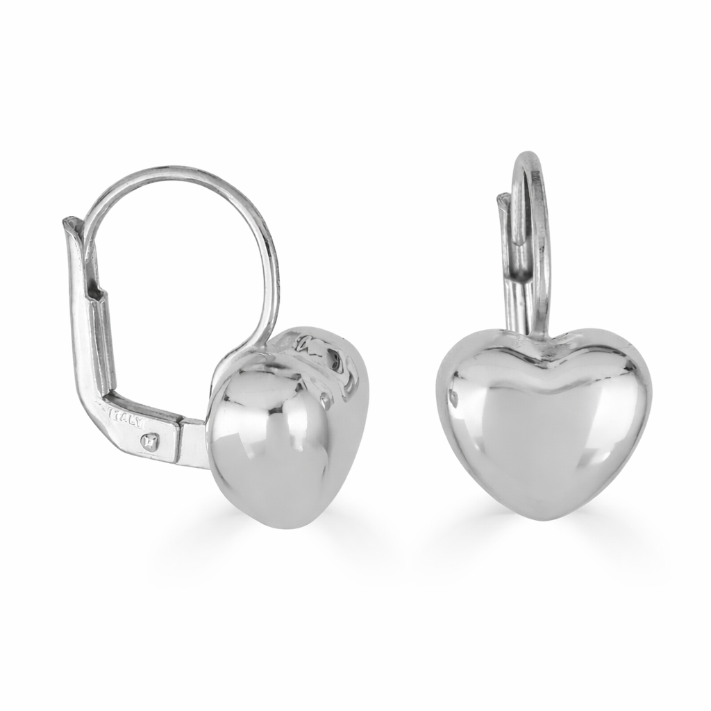Silver Leverback Puffed Heart Earrings