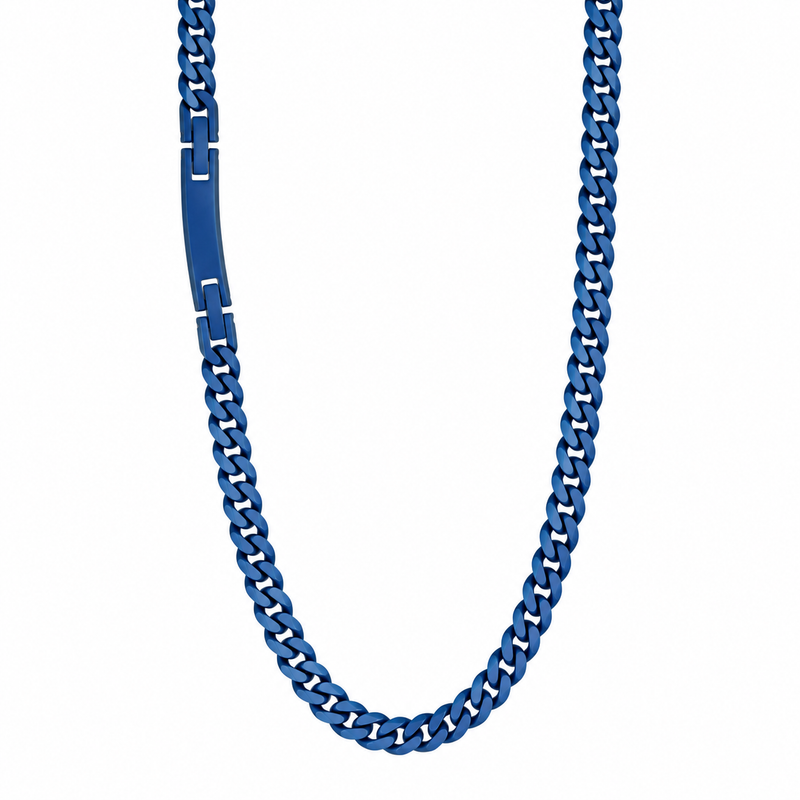 This 22-inch stainless steel Cuban chain features a bold blue ion-plated finish with brushed and diamond-cut detailing. Confident and contemporary, it delivers standout style whether worn solo or layered.