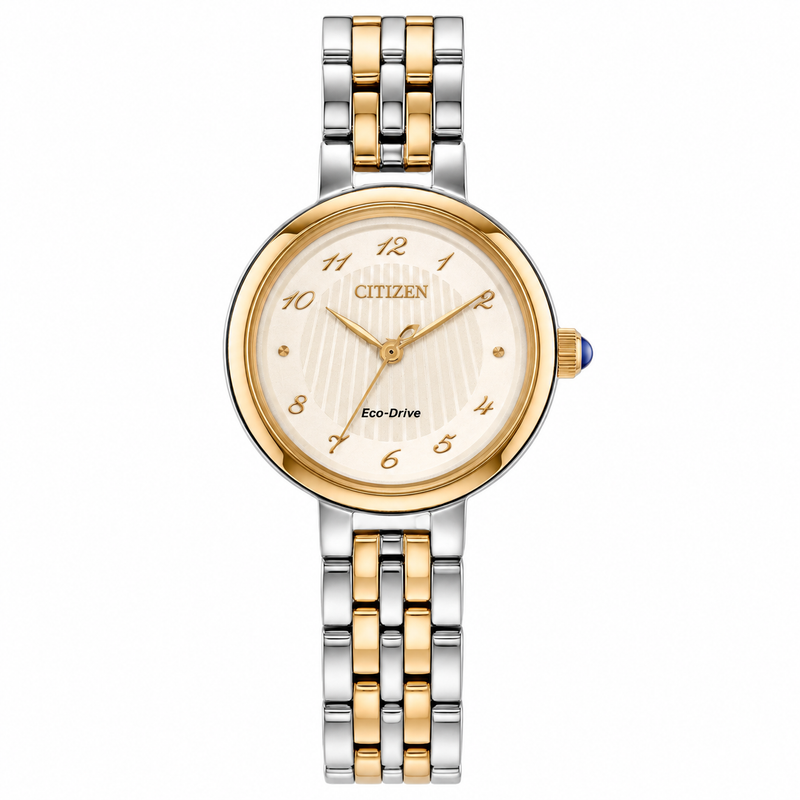 The Citizen L Classic offers refined elegance in a 28mm design. Its two-tone stainless steel case and flowing five-link bracelet complement a white dial accented with rose gold-tone Breguet numerals and leaf-style hands. A sapphire-set crown adds a touch of distinction, while Eco-Drive technology keeps the watch powered by any light source, never requiring a battery. Water resistant to 50 meters.