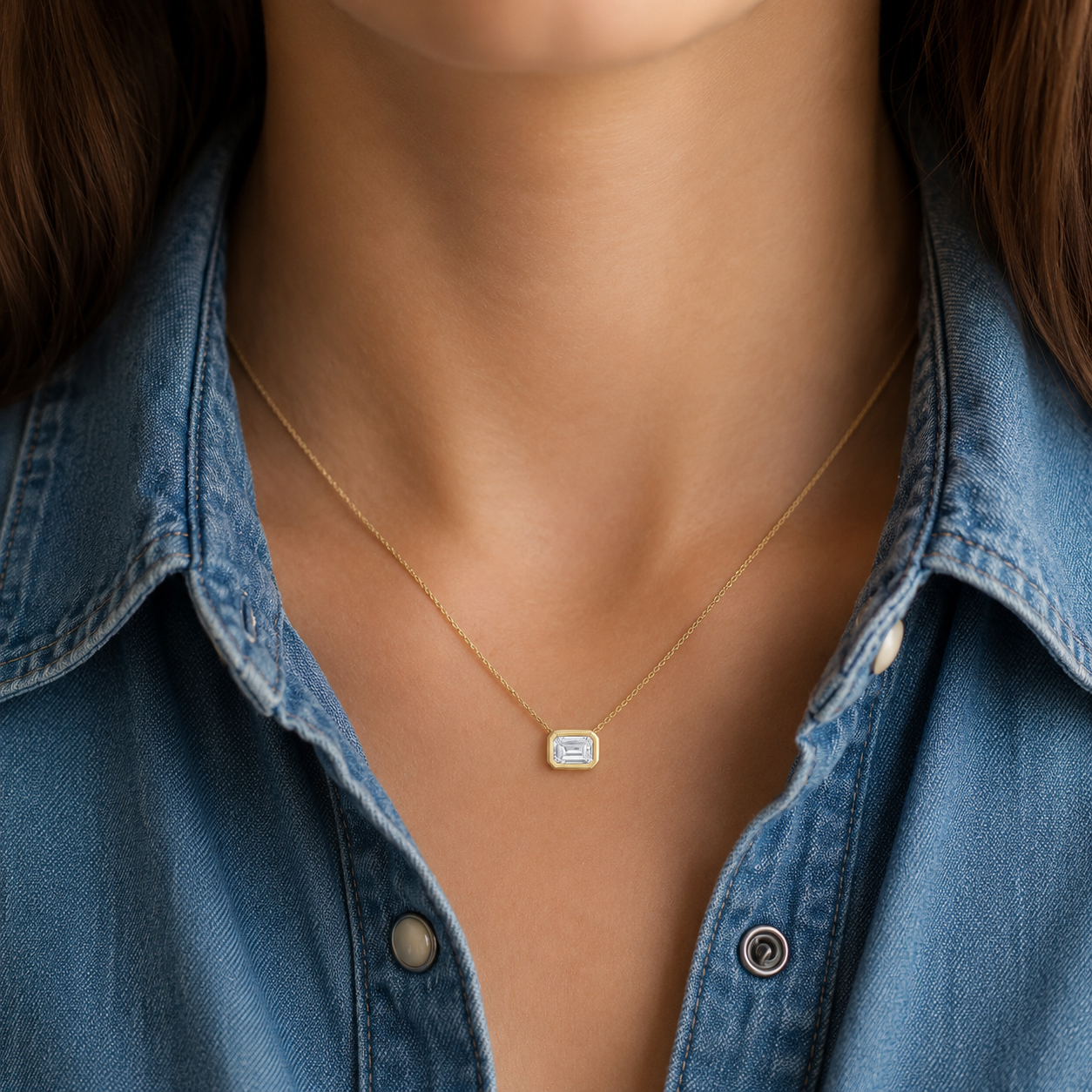 East-West Emerald Diamond Solitaire Pendant