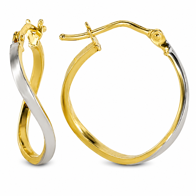Intertwining ribbons of 10K yellow and white gold create an elegant infinity-inspired silhouette that symbolizes endless connection and timeless style. The polished finish and fluid design bring graceful movement and a distinctive twist to these eye-catching hoops.

Measures 1.55MM, 14.7, 18.7MM.
