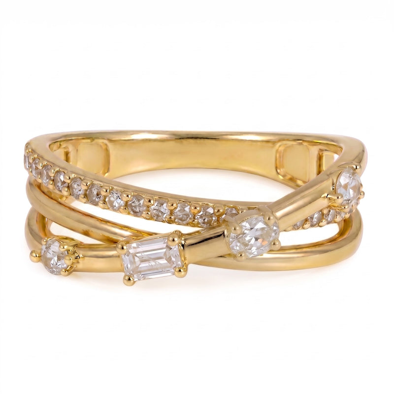 An emerald-cut diamond stands out among rows of round diamonds that cross over one another in this 14K yellow gold ring. The layered design features 5/8 carat total weight of diamonds for a bold, dimensional look.