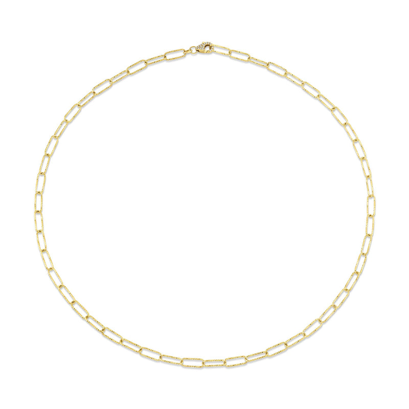 Elongated paper clip links create an airy look in yellow 14K gold, finished with a diamond-accented clasp. The diamonds total 1/20 carat total weight, adding a subtle touch of sparkle to the design.