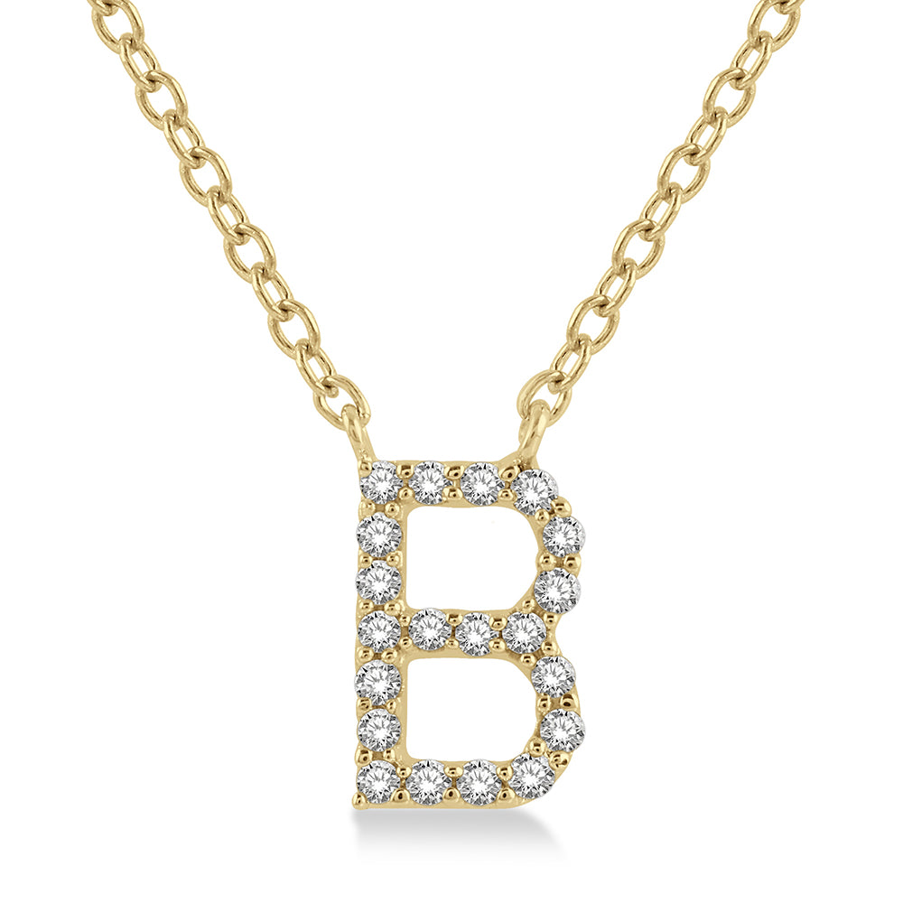 Created in 10k yellow gold, this .05 total carat weight diamond initial B hangs delicately from an 18″ chain. A versatile and stylish pendant, perfect for daily wear.