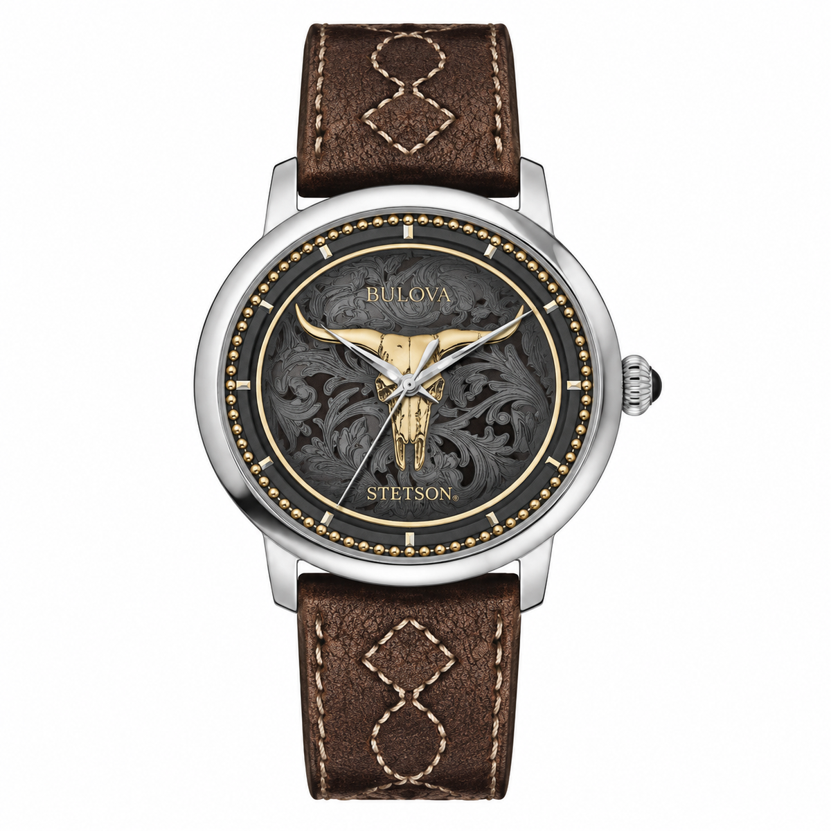 The Bulova x Stetson Longhorn celebrates the heritage of two iconic American brands. A gold-tone Texas Longhorn skull stands out against an ornate floral dial, while a sapphire crystal, black onyx crown and exhibition case back showcase the 21-jewel automatic movement. Finished with a brown western-style leather strap, this commemorative timepiece honors a legacy of craftsmanship and Western tradition.
