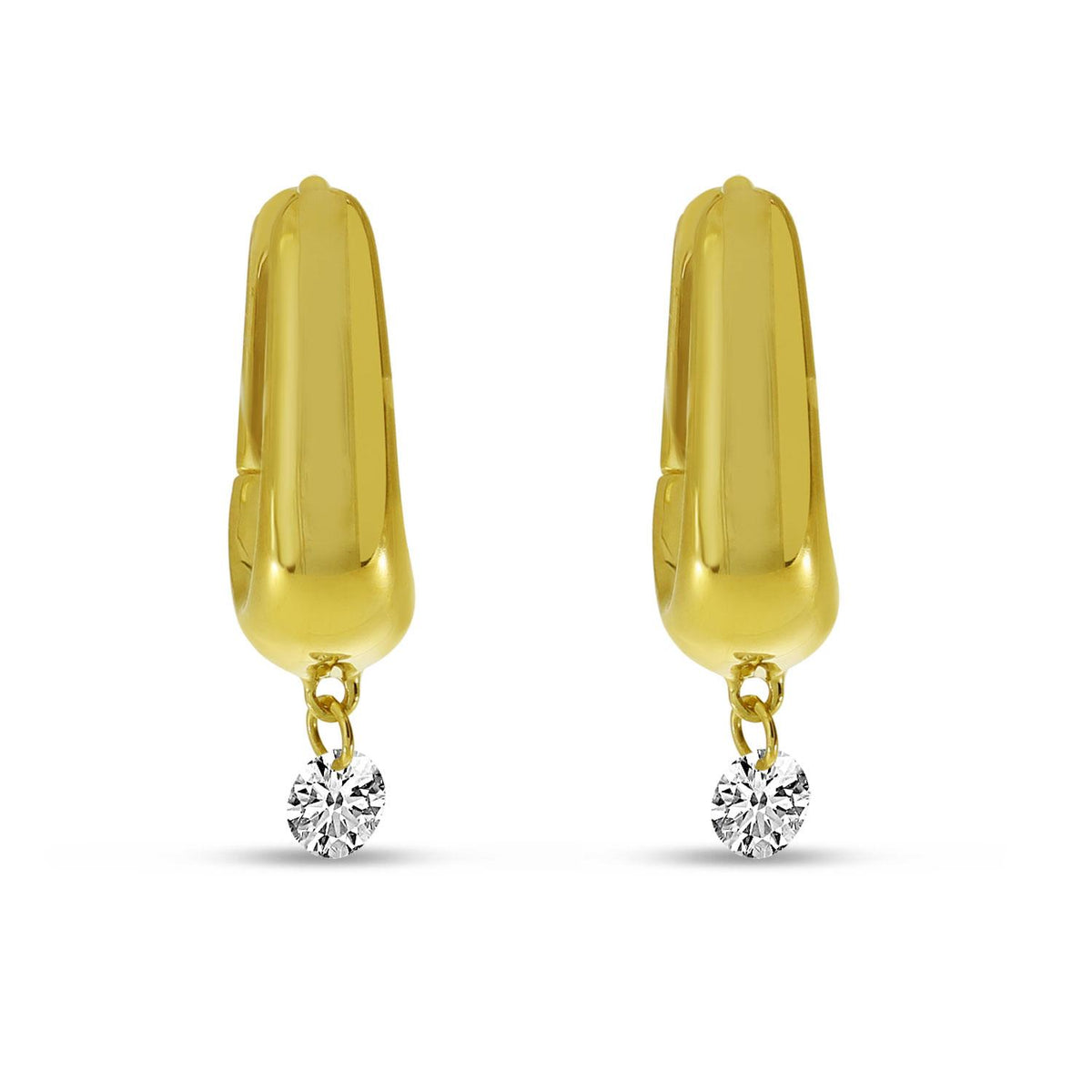 A bold, high-polish silhouette is finished with a single floating diamond, creating a clean drop of light with every movement. Crafted in 14K yellow gold with 1/6 carat total weight, they deliver smooth shine with a refined, modern glow.
