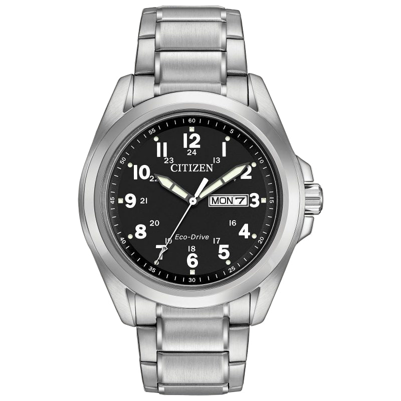 This classic style with a modern edge, features clean lines, bold Arabic numerals, and a sporty design perfect for everyday wear. Includes day and date display, powered by Eco-Drive technology – light-powered and never needs a battery. 