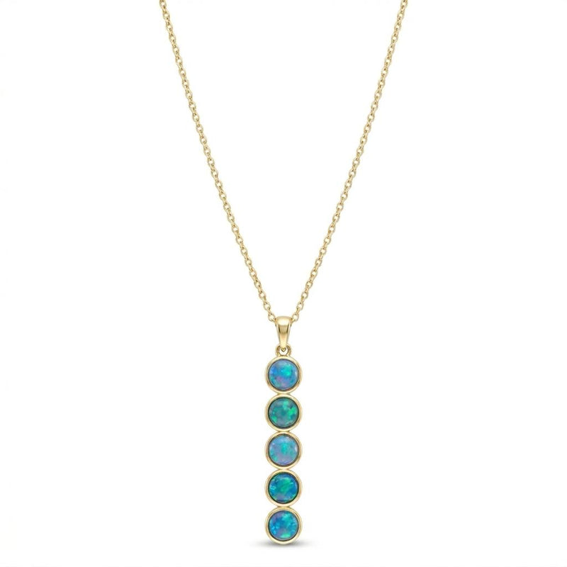 Five vibrant 4mm round opals are bezel set in polished 14K yellow gold, creating a graceful drop of brilliant blue and green flashes. Suspended from a classic cable chain, this elegant pendant captures the luminous beauty of Caribbean waters in a sleek, contemporary design.