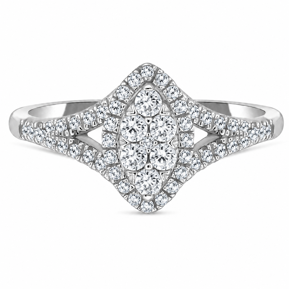 A marquise-shaped cluster of round diamonds takes center stage in this elegant 10K white gold promise ring. Framed by a sparkling halo and accented with diamond-lined split shoulders, the 1/4 carat total weight design offers eye-catching brilliance and timeless style. A meaningful piece to celebrate love, commitment, or a special milestone.