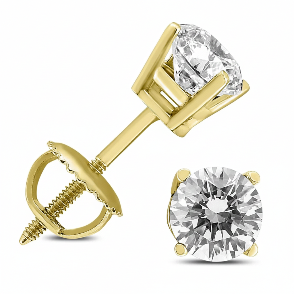 Radiant Yellow Gold Four-Prong Diamond Stud Earrings