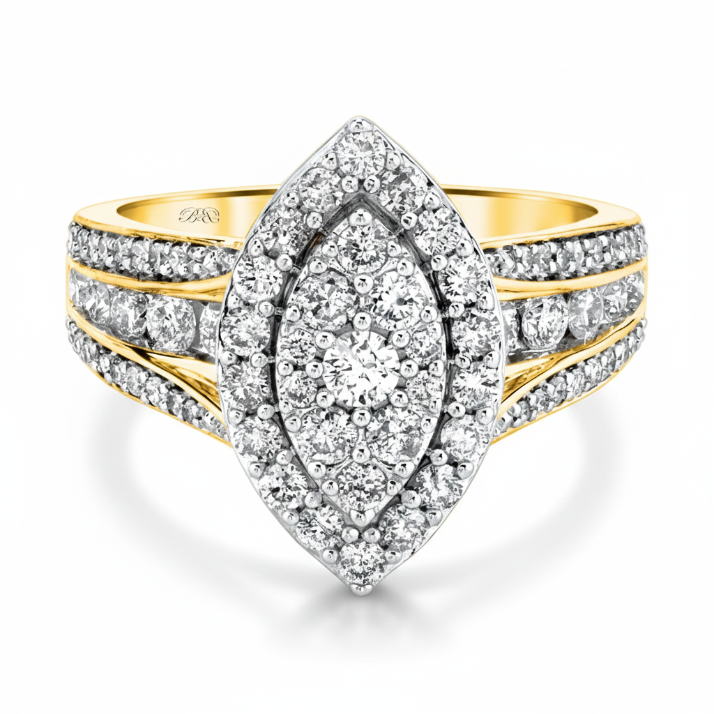 Two Hearts® Frosted Flame Marquise Round Diamond Cluster Engagement Ring