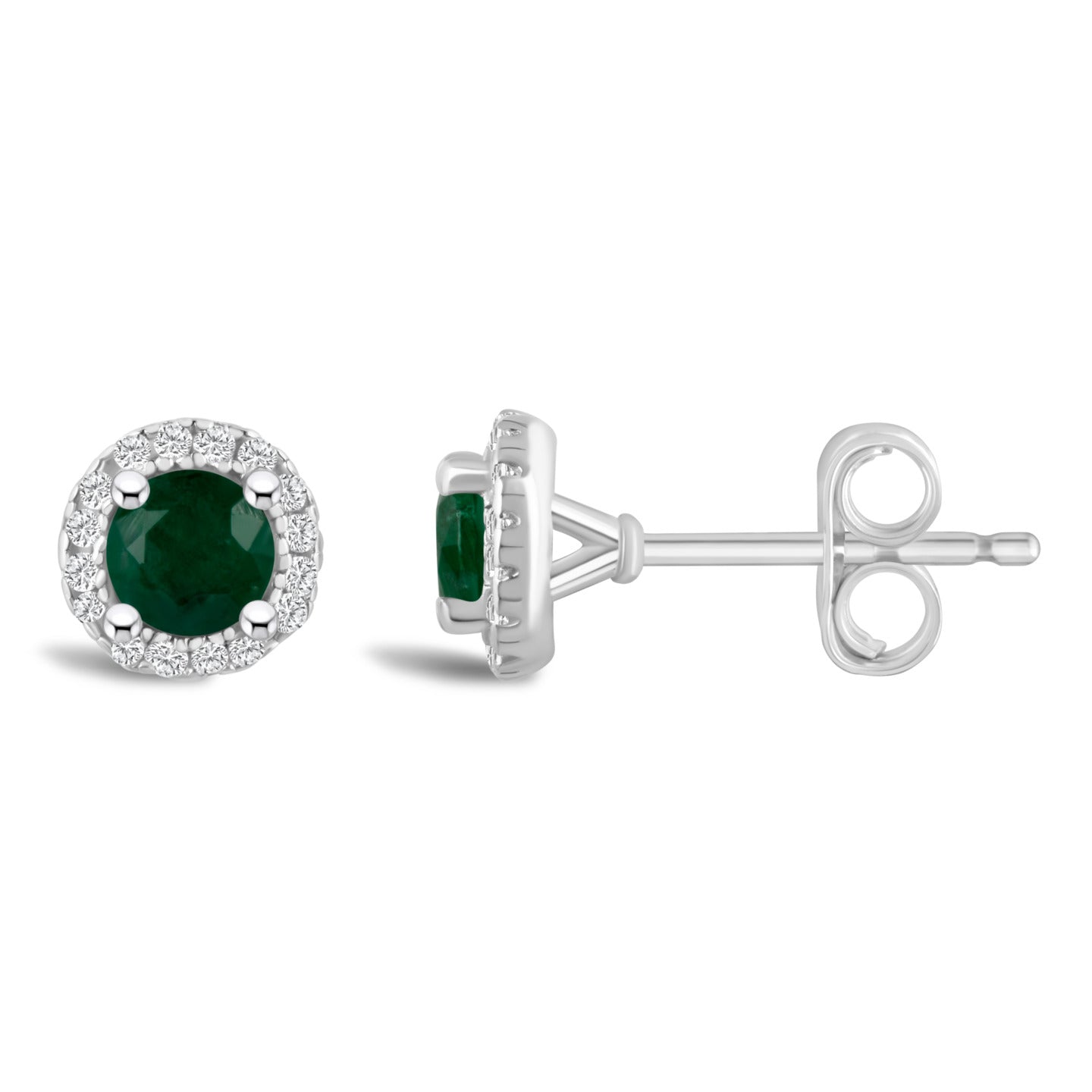 Deep Green Emerald & Diamond Halo Stud Earrings