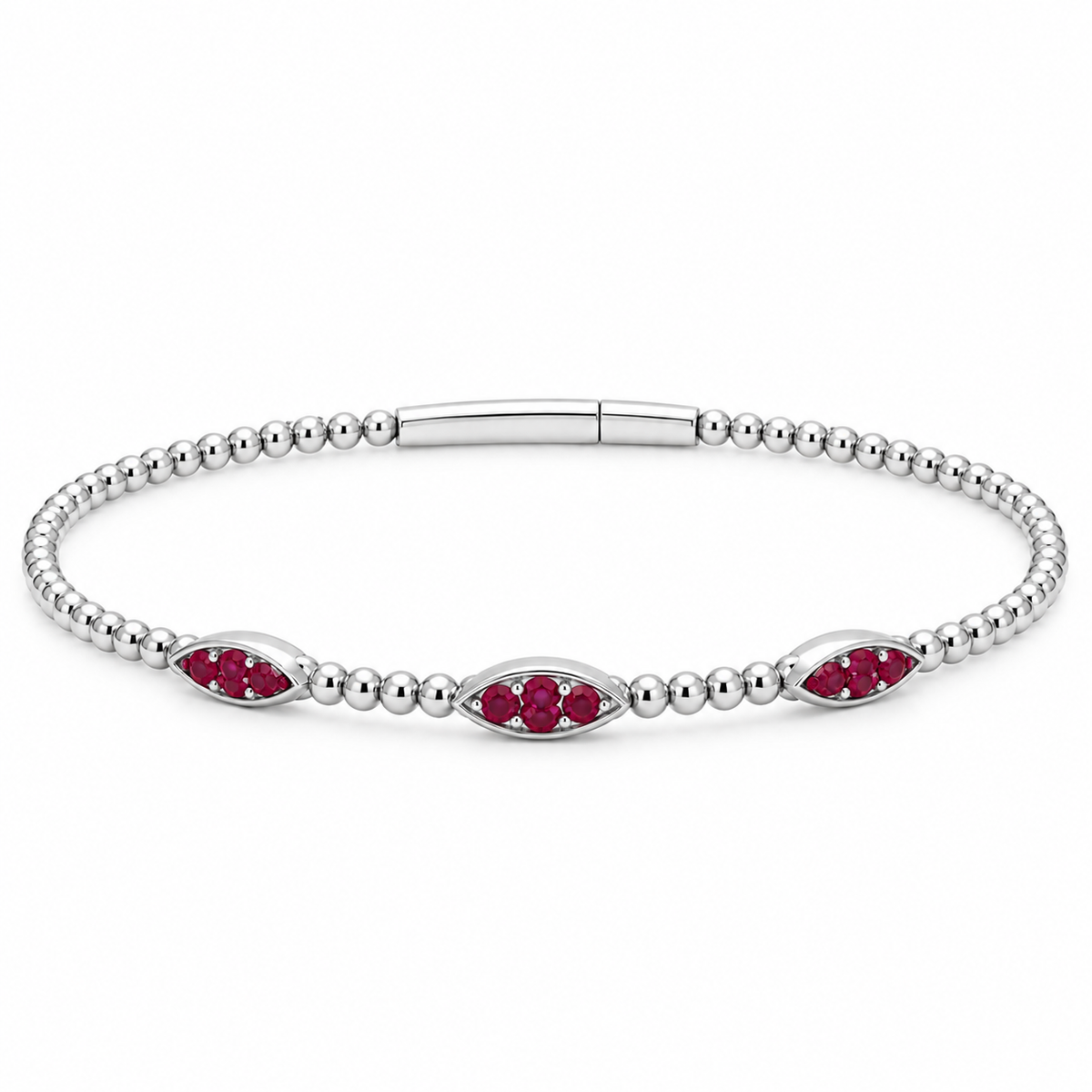 A silver beaded bracelet featuring three marquise-shaped settings with small red gemstones, displayed on a clean white background.