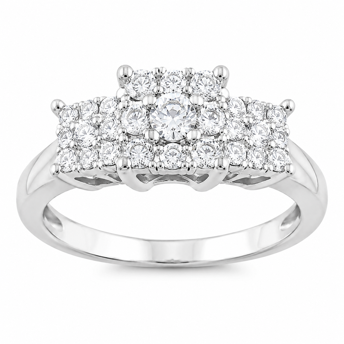 Brilliant round diamonds come together in a princess-inspired three-stone cluster design, creating the signature romantic look of this Two Hearts® engagement ring. Crafted in 14K yellow gold with 3/4 carat total weight of diamonds, the elevated center arrangement and shimmering side clusters bring bold sparkle and meaningful symbolism