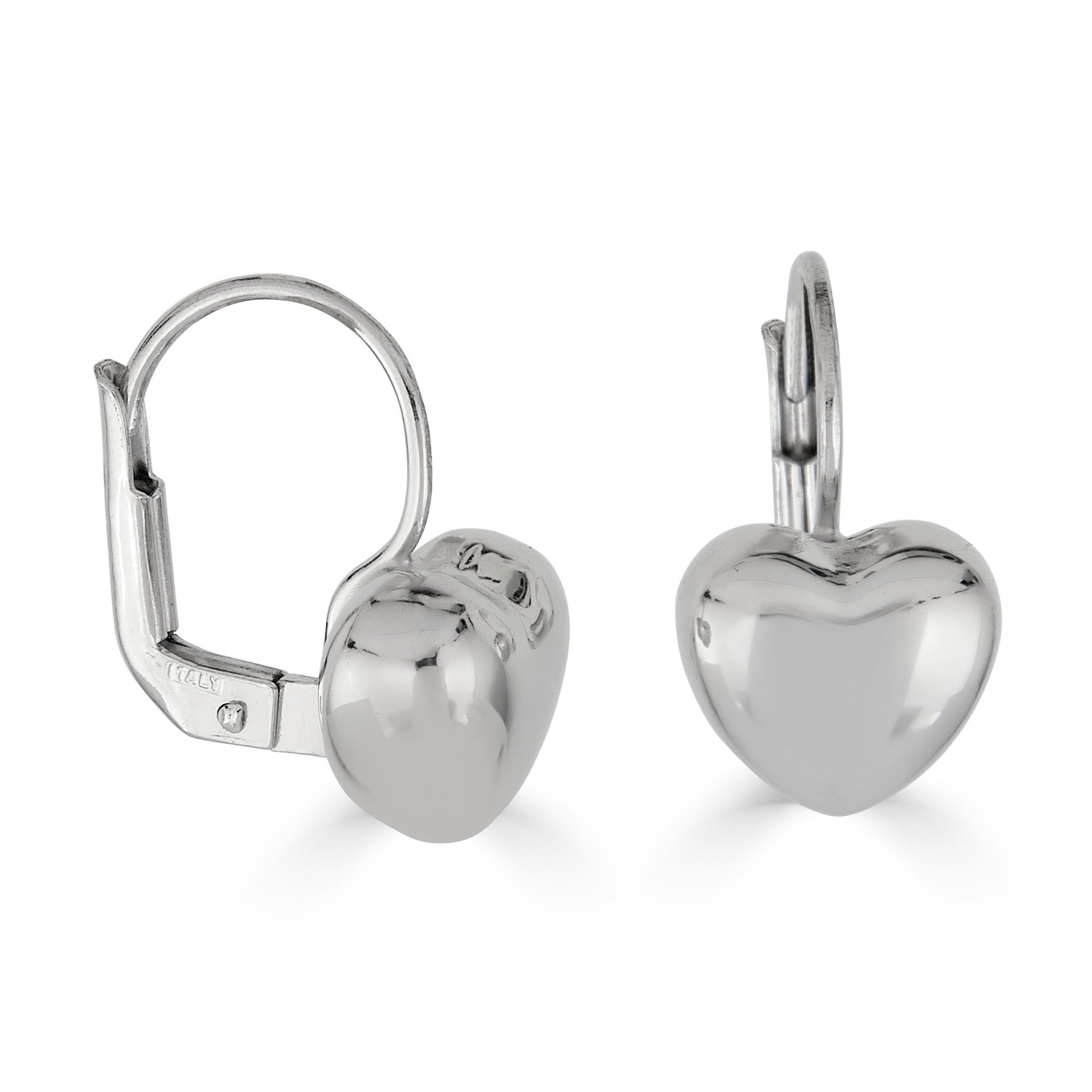Silver Leverback Puffed Heart Earrings