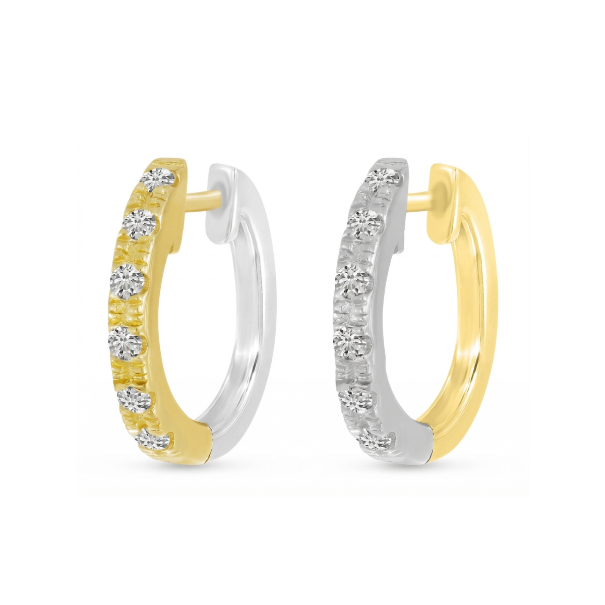 Crafted in 14K two-tone gold, these reversible huggies feature 1/4 carat total weight of diamonds for versatile, light-catching sparkle. Flip between warm yellow gold and cool white gold to match your mood, with a sleek, close-fit silhouette that delivers effortless shine from every angle.