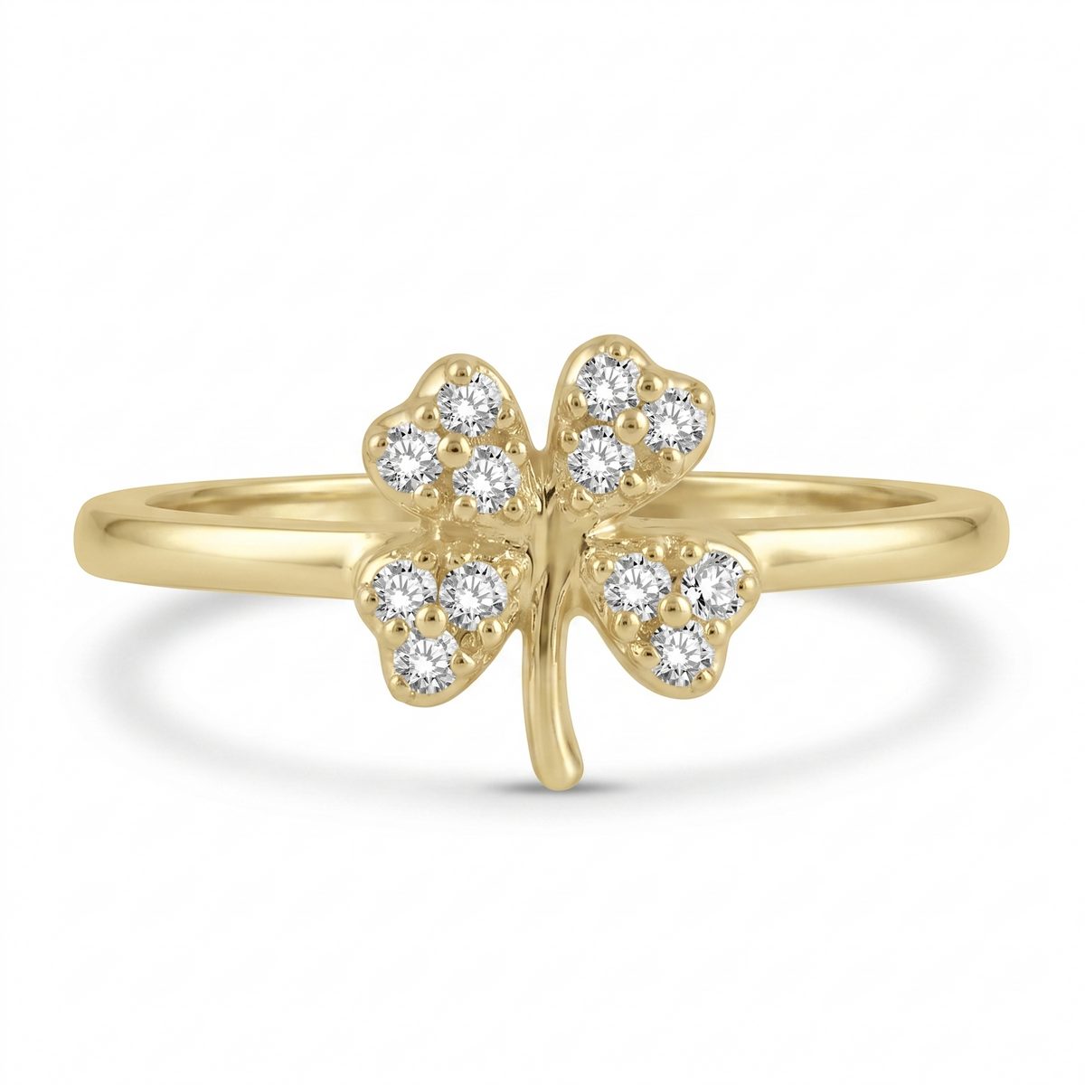 A symbol of luck with a touch of sparkle, this four-leaf clover ring features 1/10 carat total weight of diamonds set in warm 10K yellow gold. The delicate silhouette and meaningful design make it an effortless piece for everyday wear or thoughtful gifting.
