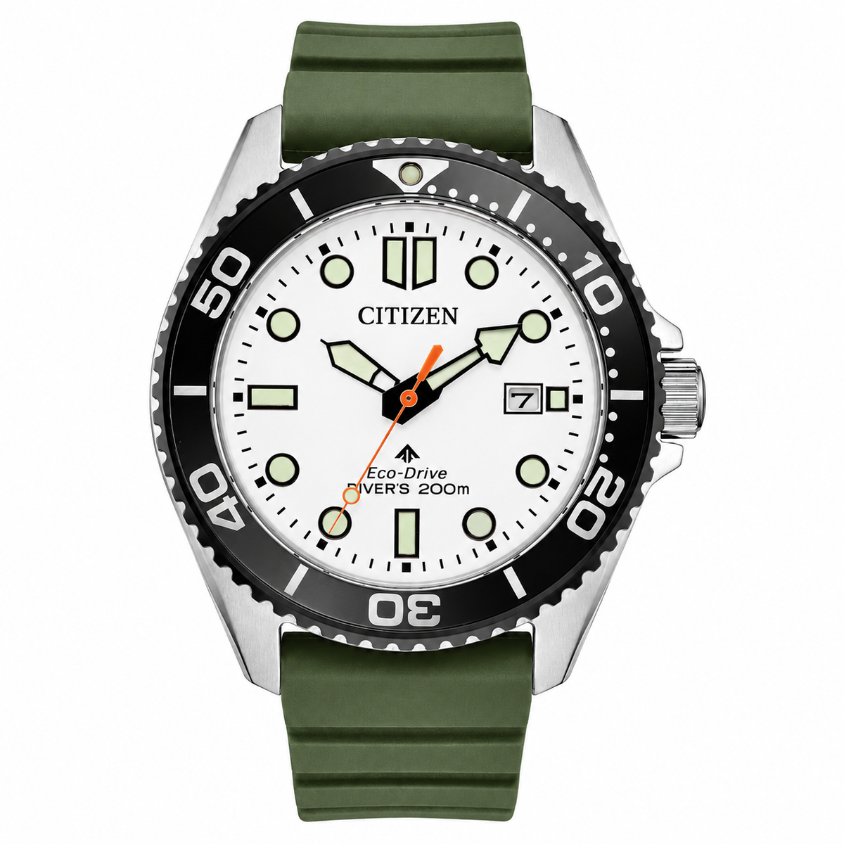 Built for confidence in and out of the water, this Promaster Dive pairs a matte white dial with a black unidirectional bezel, silver-tone stainless steel case and green strap. Eco-Drive technology keeps it powered by light, while ISO-certified dive performance and 200-meter water resistance make it ready for adventures well beyond the shoreline.