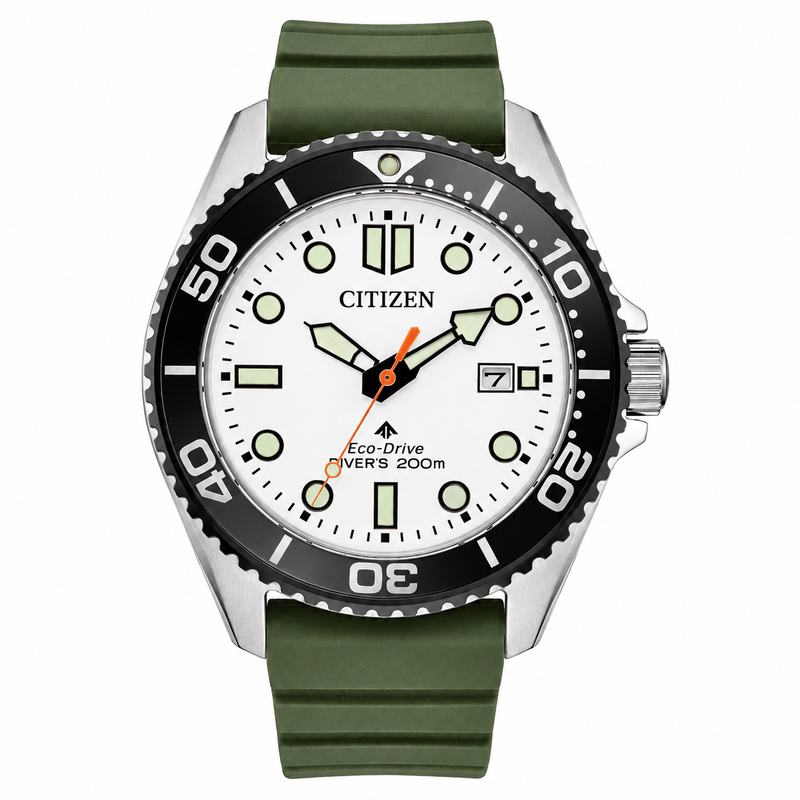 Built for confidence in and out of the water, this Promaster Dive pairs a matte white dial with a black unidirectional bezel, silver-tone stainless steel case and green strap. Eco-Drive technology keeps it powered by light, while ISO-certified dive performance and 200-meter water resistance make it ready for adventures well beyond the shoreline.