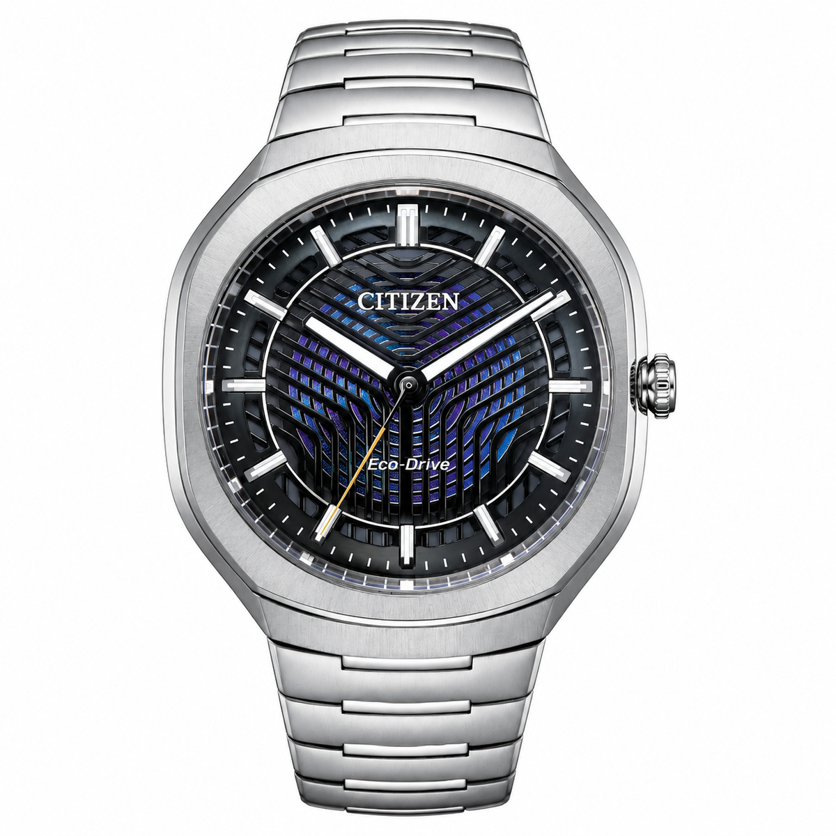 Citizen Eco-Drive watch with a silver stainless steel case and bracelet, featuring a black dial with a blue and black wavy pattern.