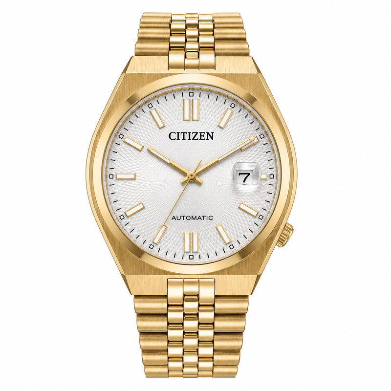 The textured white dial is framed in yellow gold-tone with applied indices, a date display and an integrated bracelet that gives the design a seamless finish. Automatic movement with a 60-hour power reserve keeps it running with the motion of your wrist, bringing mechanical watchmaking into an easy-to-wear modern design.