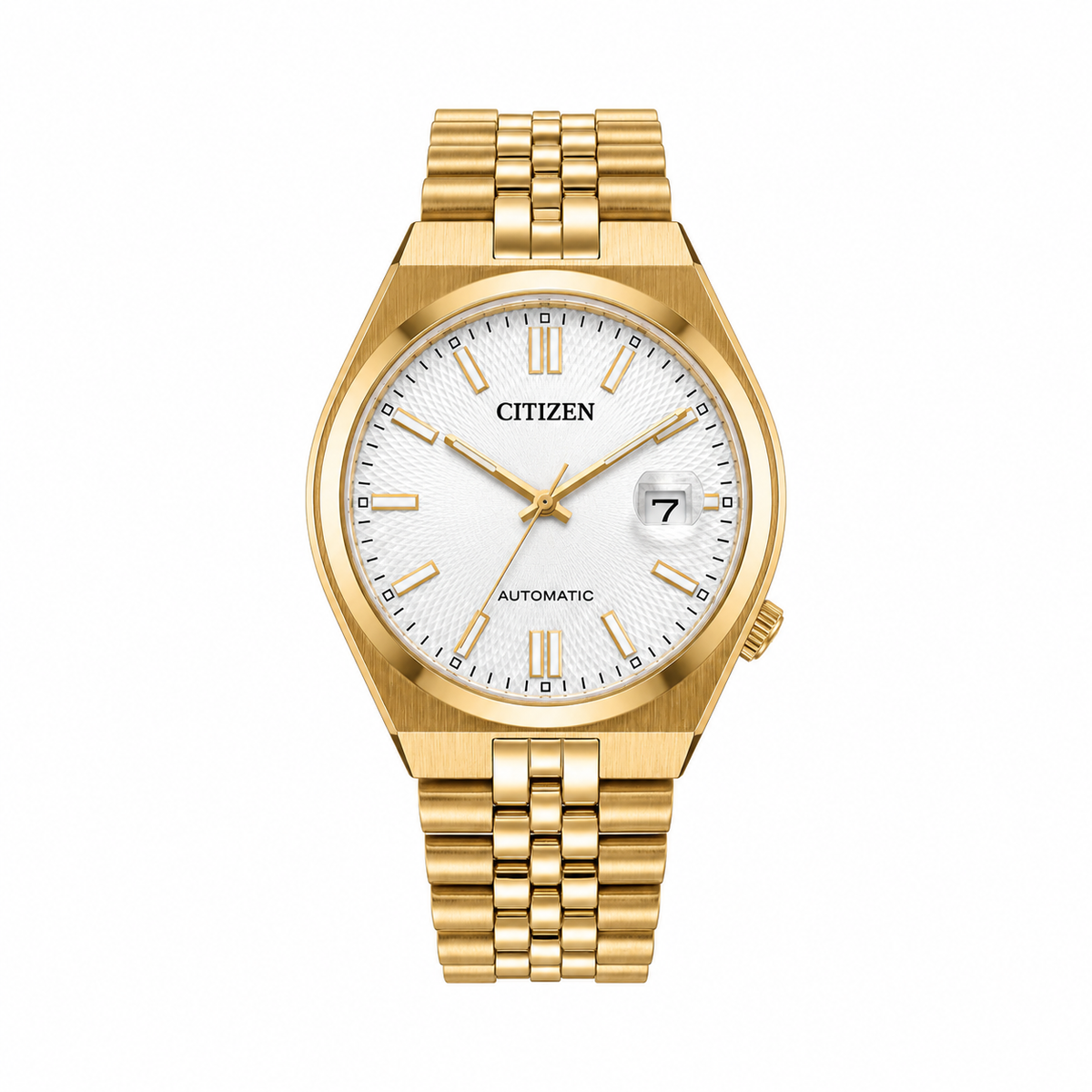 A textured white dial with applied indices and a date display is framed by a yellow gold-tone 37mm case and integrated bracelet. Automatic movement delivers a 60-hour power reserve, pairing mechanical performance with a modern sport-inspired look.