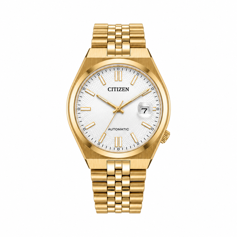 A textured white dial with applied indices and a date display is framed by a yellow gold-tone 37mm case and integrated bracelet. Automatic movement delivers a 60-hour power reserve, pairing mechanical performance with a modern sport-inspired look.