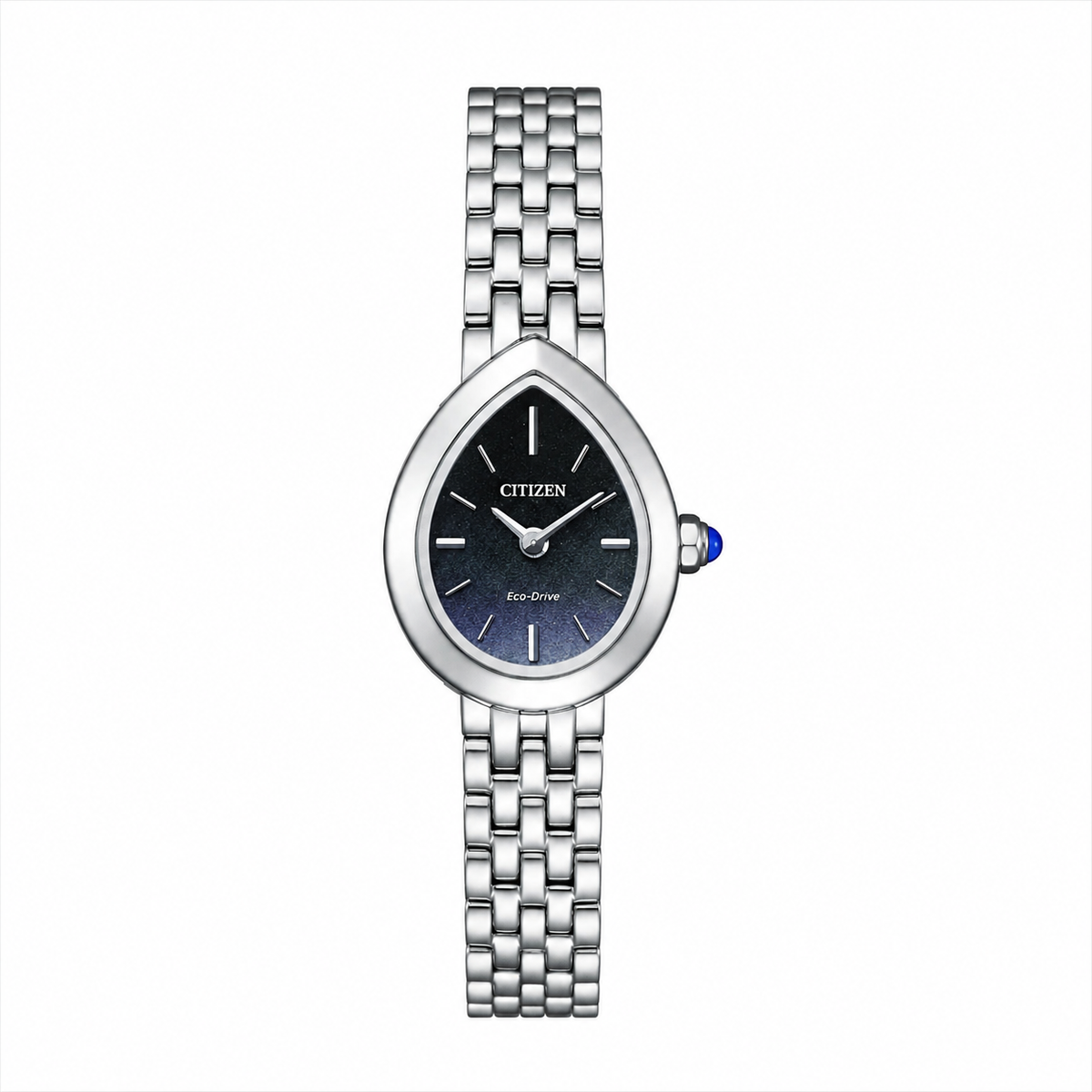 A softly contoured raindrop-shaped case frames a dark textured dial, complemented by a silver-tone five-link bracelet and cabochon-set crown. Eco-Drive technology keeps it powered by light, while its smaller proportions give this distinctive design an elegant, jewelry-inspired feel.