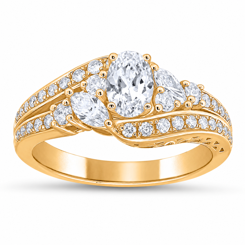 Captivating from every angle, this intricate engagement ring centers a brilliant 1/2 CT oval diamond set in warm 10K yellow gold. Flanked by marquise-cut accents and framed by swirling, diamond-paved bands totaling 1 1/8 CTW, it offers organic elegance and sensational fire.