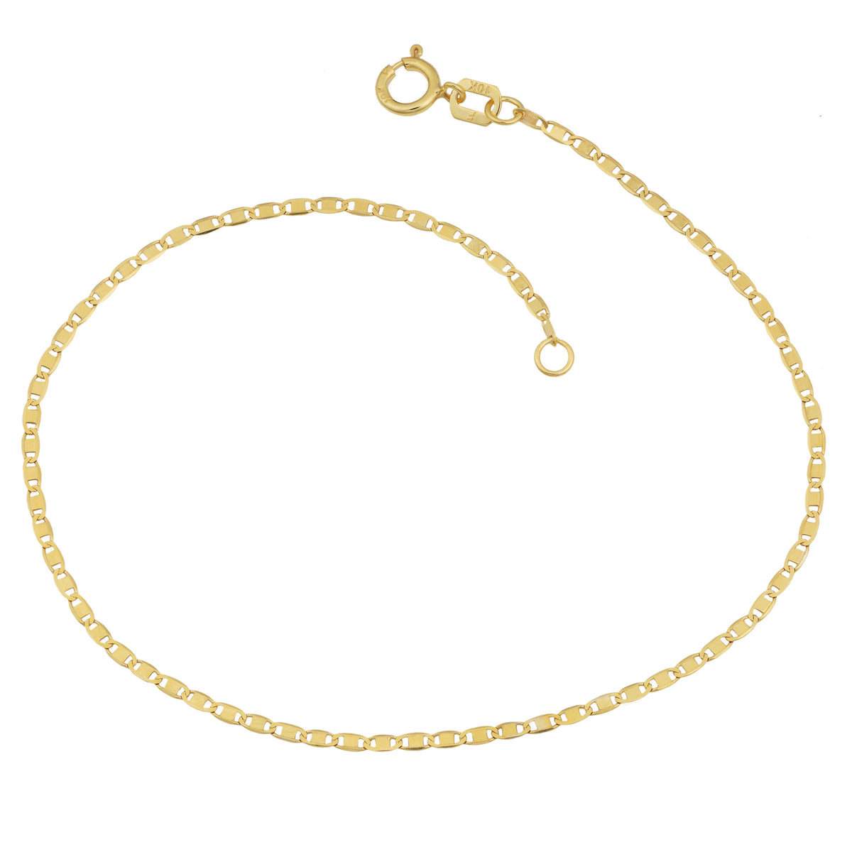 This 7.5" bracelet is crafted in 10K yellow gold with 1.9mm Valentino links, recognized for their alternating pattern and refined polish. Lightweight yet durable, it secures with a spring-ring clasp and brings classic style to everyday layering or solo wear.