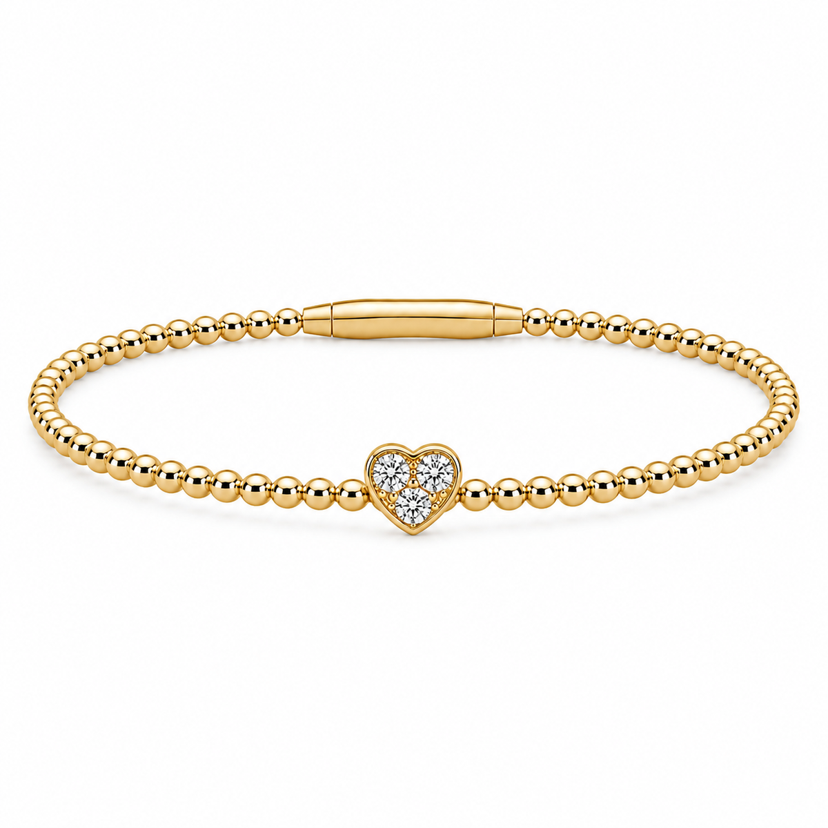 A sparkling diamond heart rests at the center of this elegant 14K yellow gold Flexie bracelet, blending delicate romance with modern simplicity. Featuring 1/6 carat total weight of diamonds, the polished beaded design offers flexible comfort and a graceful everyday shimmer.