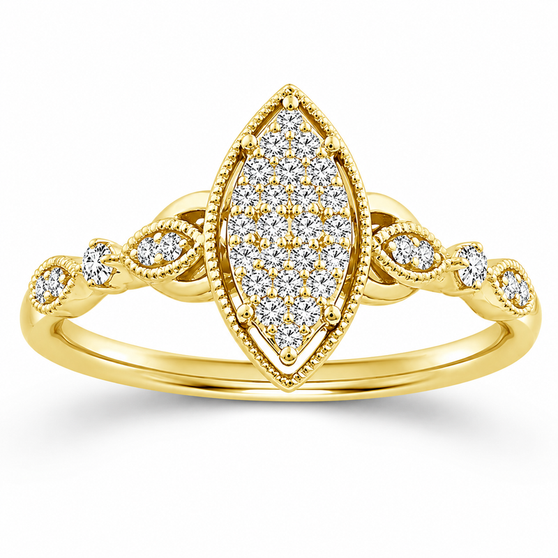 A marquise-shaped cluster of round diamonds is framed with delicate beaded detailing, while diamond-accented twists continue along the 10K yellow gold band. The diamonds total 1/6 carat total weight for an intricate look with vintage-inspired detail.