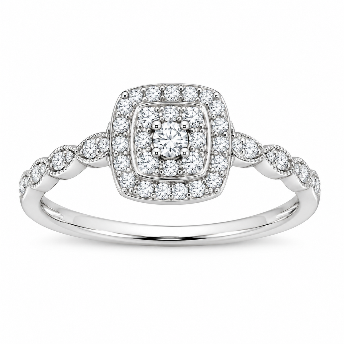 A silver-toned diamond ring with a square-shaped halo center stone and pavé-set side stones on a plain white background.