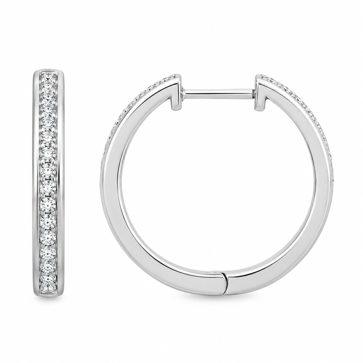 A pair of silver hoop earrings with pavé-set clear stones along the front edge, shown on a clean white background.