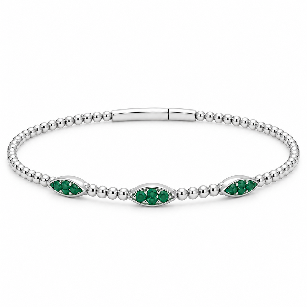 A silver beaded bracelet featuring three marquise-shaped green gemstone clusters on the front, displayed on a clean white background.