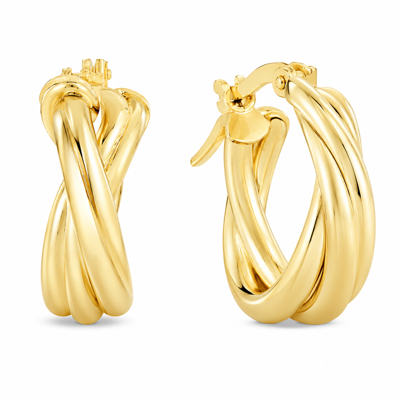Polished strands of 10K yellow gold intertwine to create these dimensional hoop earrings. The layered design brings movement and a fuller look to the classic gold hoop.