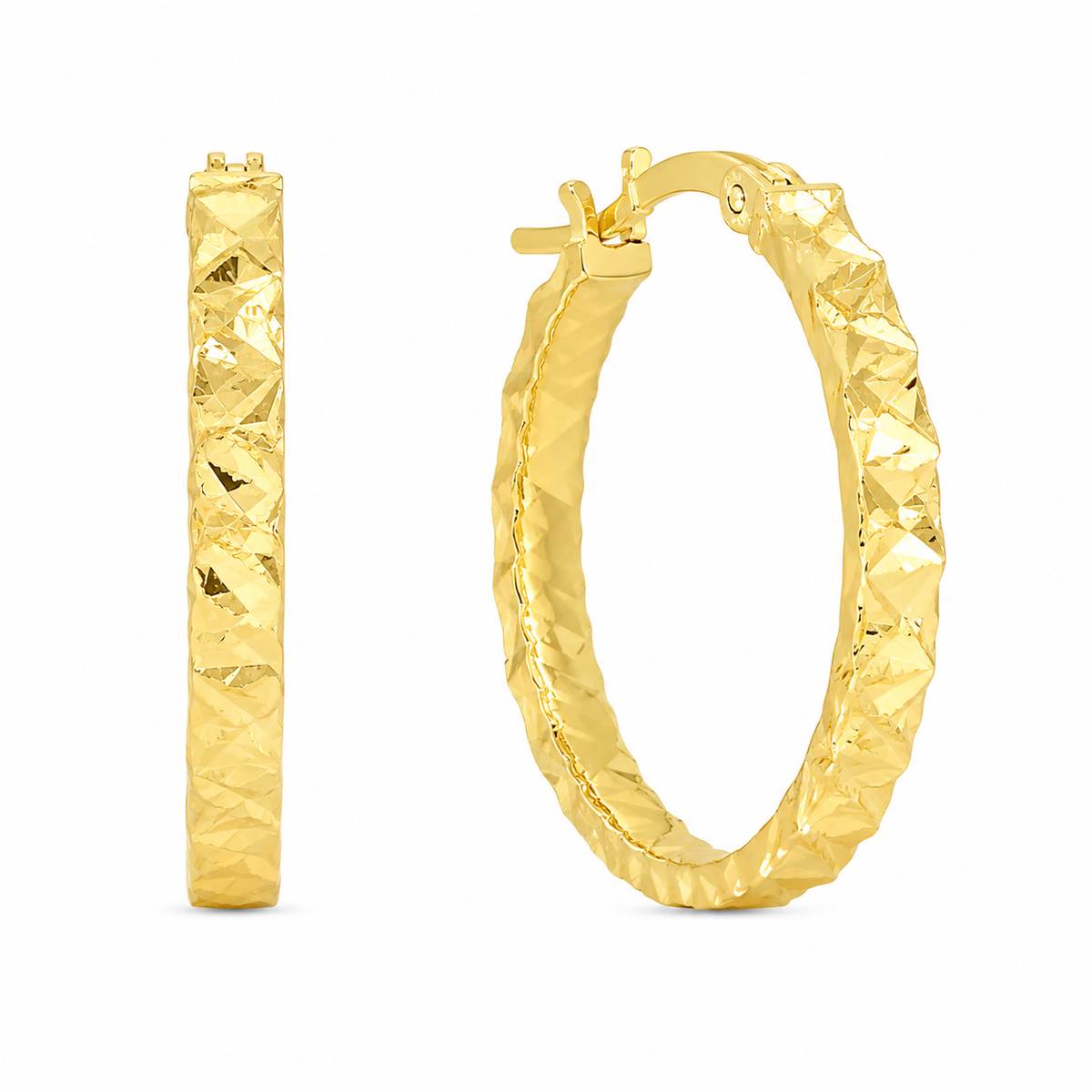 A pair of textured gold hoop earrings shown on a clean white background, with one earring displayed vertically and the other in a horizontal orientation showing the latch closure.