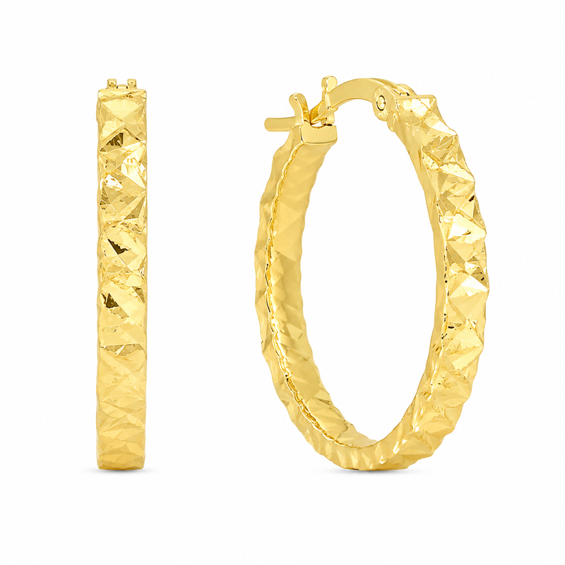 A pair of textured gold hoop earrings shown on a clean white background, with one earring displayed vertically and the other in a horizontal orientation showing the latch closure.