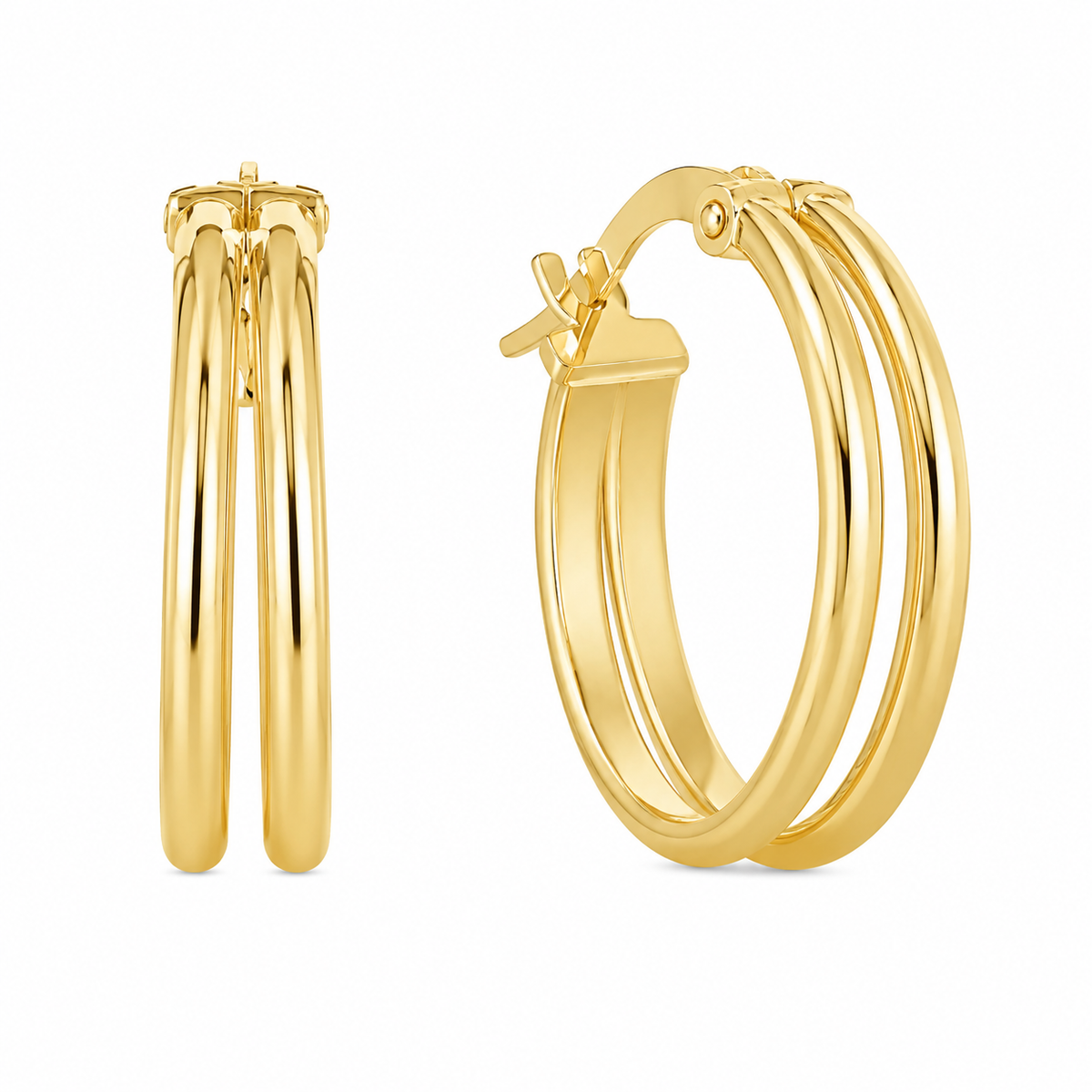Two polished 10K yellow gold hoops come together in a layered double hoop silhouette with beautiful dimension. The open design gives them a fuller look while keeping the style light and effortless.