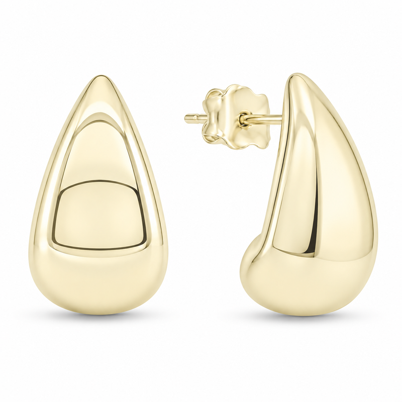 A pair of polished yellow gold teardrop-shaped stud earrings, with one earring shown from the front and the other from the side displaying the post and butterfly back, set against a plain white background.