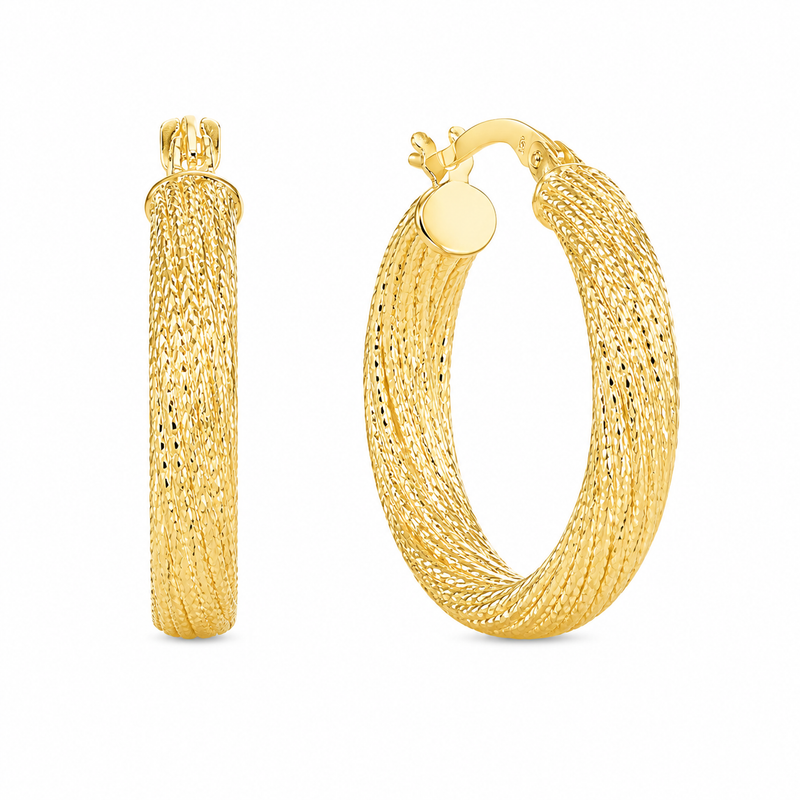 Twisted fine strands of textured 10K yellow gold come together to give these hoop earrings a richly layered look. The intricate finish catches the light beautifully while keeping the design airy and easy to wear.