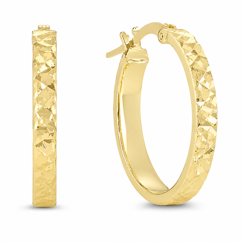 2.99X22.8X25.18MM A pair of yellow gold hoop earrings with a textured, diamond-cut pattern on the outer surface, shown on a clean white background.