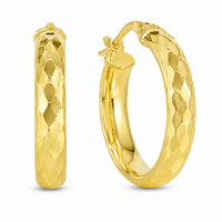 A pair of yellow gold hoop earrings with a textured, diamond-cut hammered finish, shown on a clean white background. 3X18.37X19.6MM