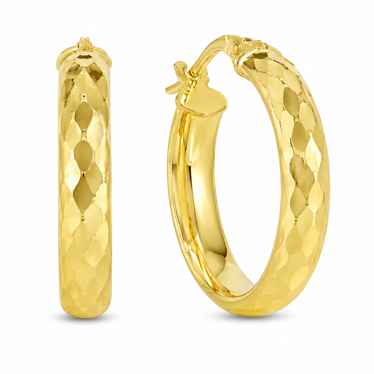A pair of yellow gold hoop earrings with a textured, diamond-cut hammered finish, shown on a clean white background. 3X18.37X19.6MM