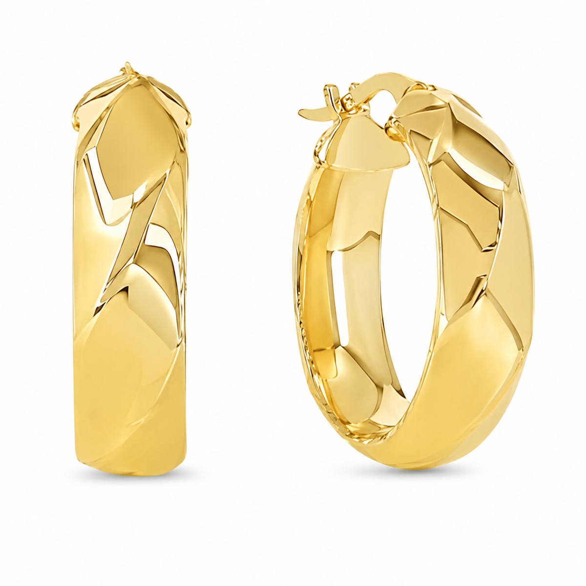 A pair of polished yellow gold hoop earrings with a faceted, textured geometric surface, shown on a clean white background.