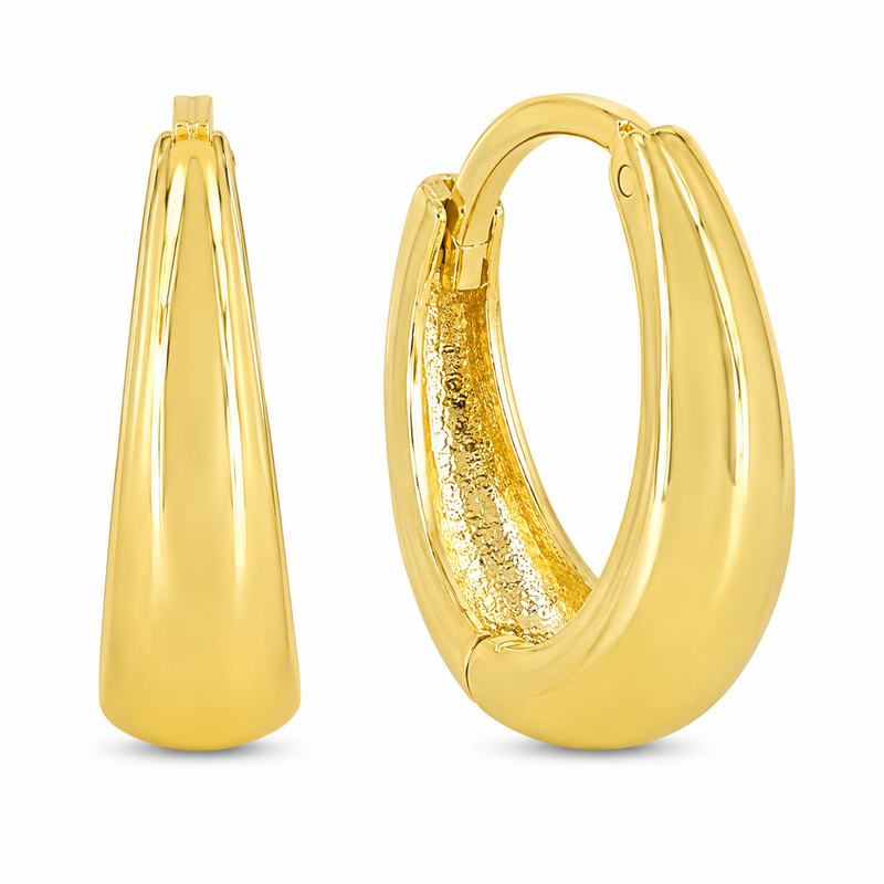 A pair of polished yellow gold huggie hoop earrings, shown from the front and side against a clean white background.